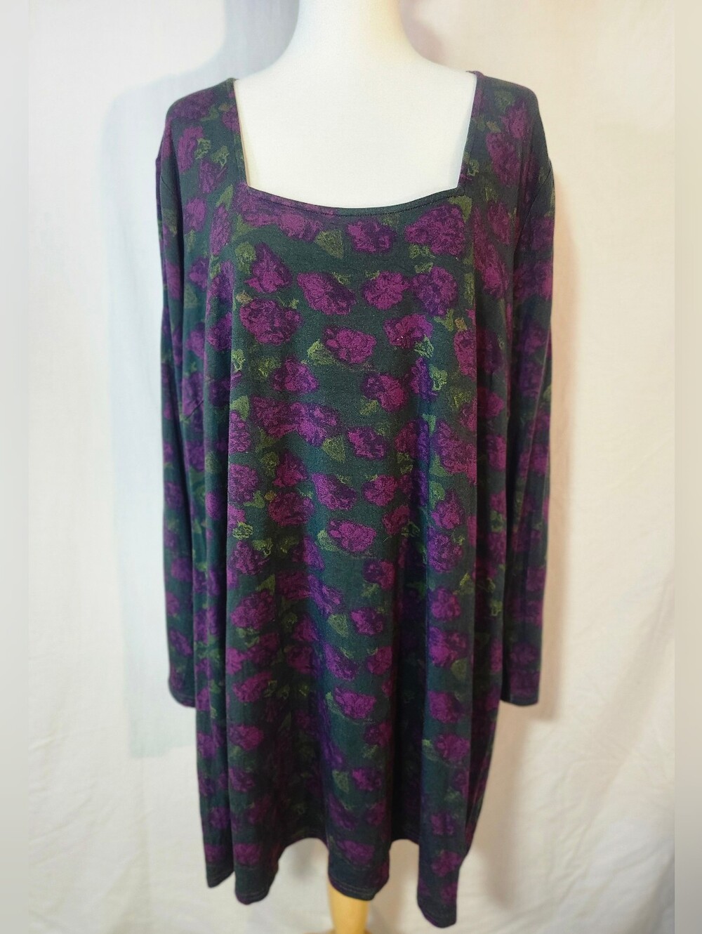 Blue Sky Bamboo Blend, Black/Purple Long-Sleeve Square-Neck Floral Swing Tunic